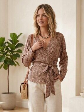 NEW Orb Soft and Silky Leopard Print Dusty Rose V-Neck Wrap Top With Tie XL